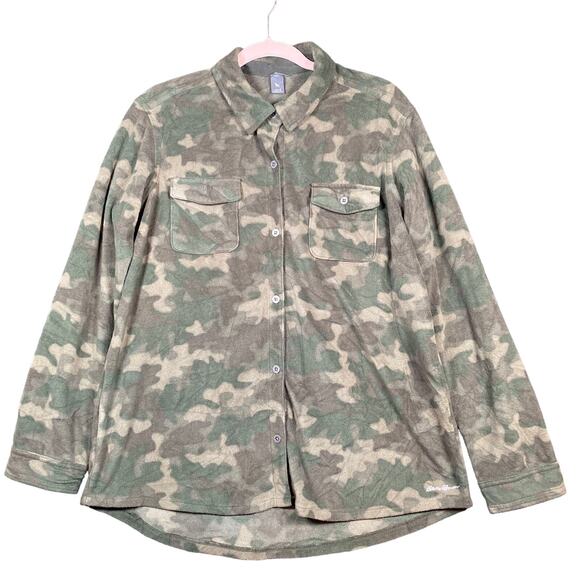 Eddie Bauer Womens Jacket Green Camo Shacket Fleece Pockets Button Up Large - Picture 1 of 16